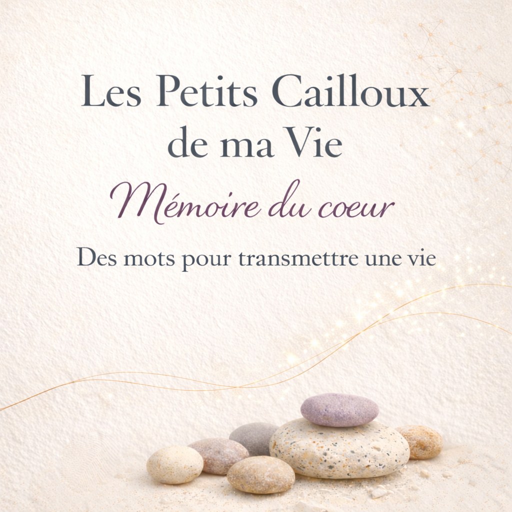 Couverture du livre Les Petits Cailloux de ma Vie — Mémoire du cœur, avec des galets sur un fond ivoire