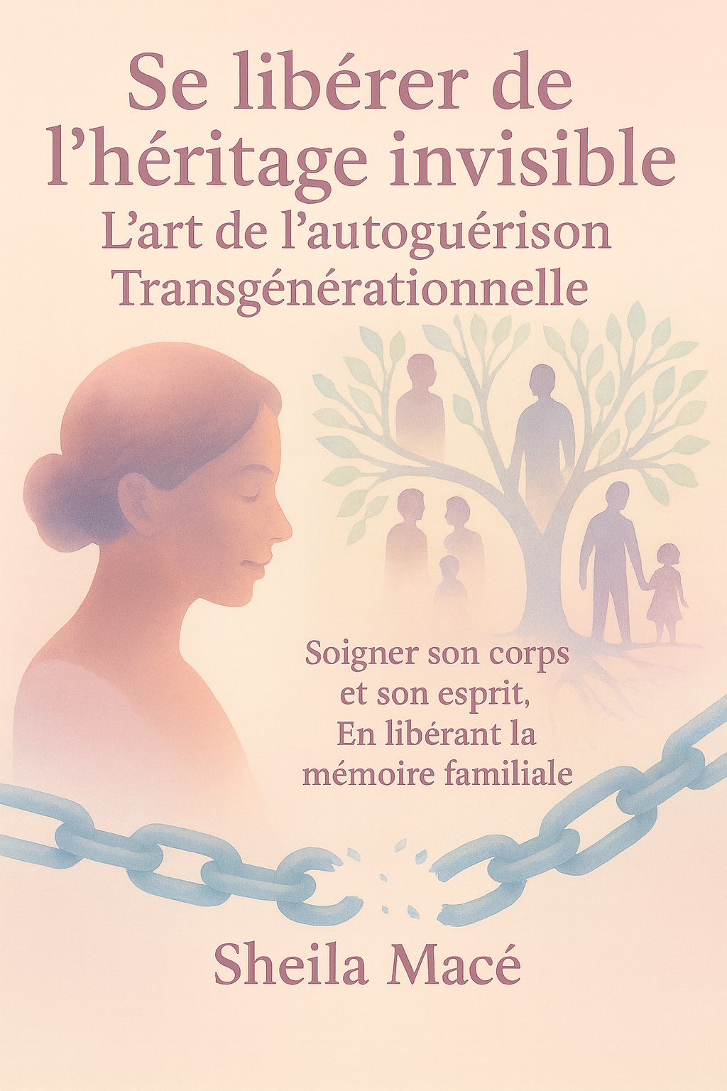 Couverture du livre Se libérer de l'héritage invisible de Sheila Macé : un visage de profil, un arbre généalogique et une chaîne qui se brise
